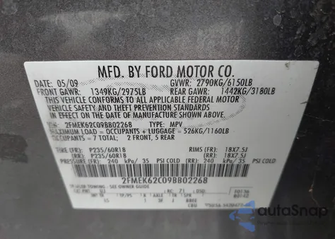 2009 Ford Flex Sel z USA, uszkodzony, nr VIN 2FMEK62C09BB02268